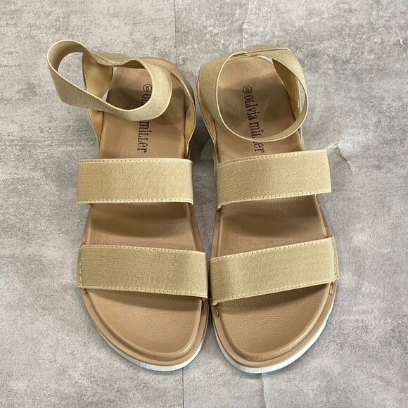 OLIVIA MILLER Women's Tan Nicola Round-Toe Stretchy Straps Slip-On Flat Sandals - Picture 3 of 10